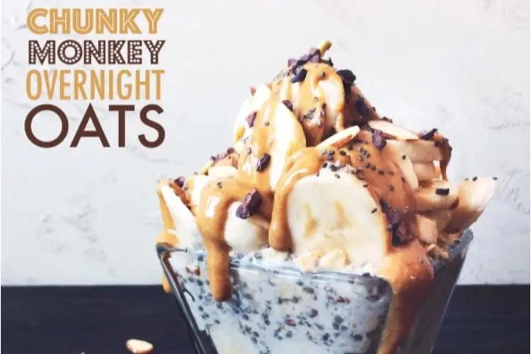Chunky Monkey overnight oats recipes mixed with chocolate chips, banana slices and chopped walnuts