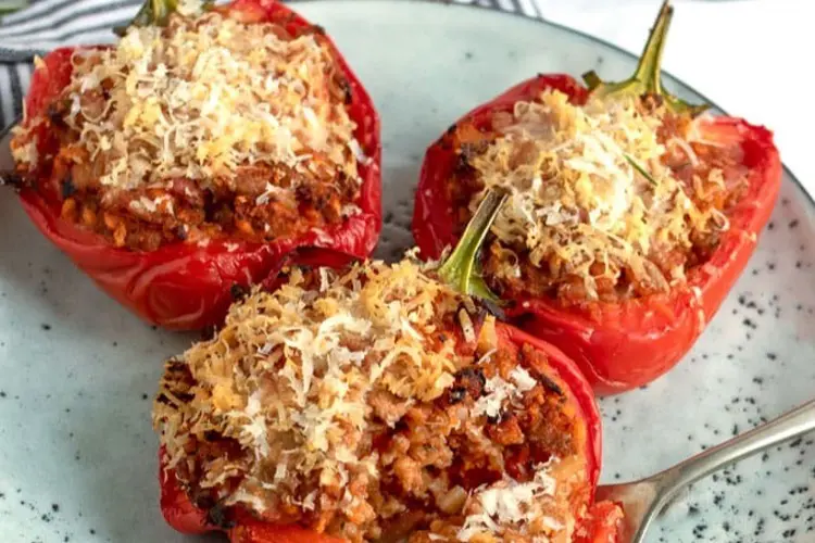 A plate of pork mince stuffed peppers, a flavour-packed pork mince recipe.