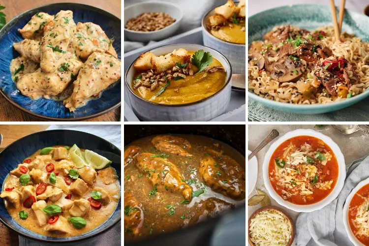 A colourful montage of healthy slow cooker recipes, featuring easy slow cooker recipes, high-protein slow cooker recipes, and low-calorie slow cooker recipes, including curries, casseroles, and stews bursting with rich flavours.