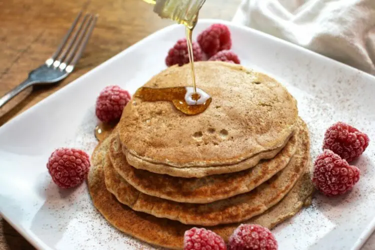 A delicious protein pancake with maple syrup topping.