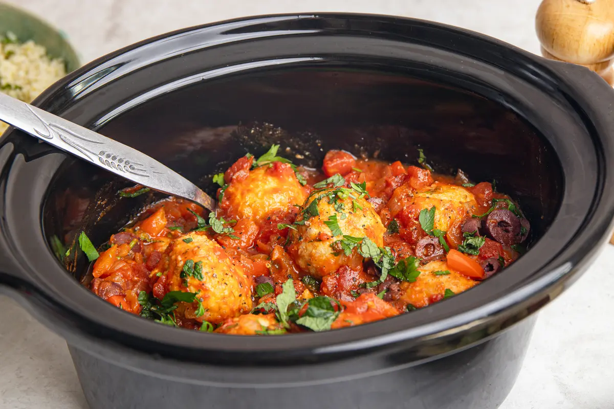 Tender turkey meatballs slow-cooked in a rich tomato sauce with peppers, olives and fresh herbs. Bright, colourful and packed with Mediterranean flavour.
