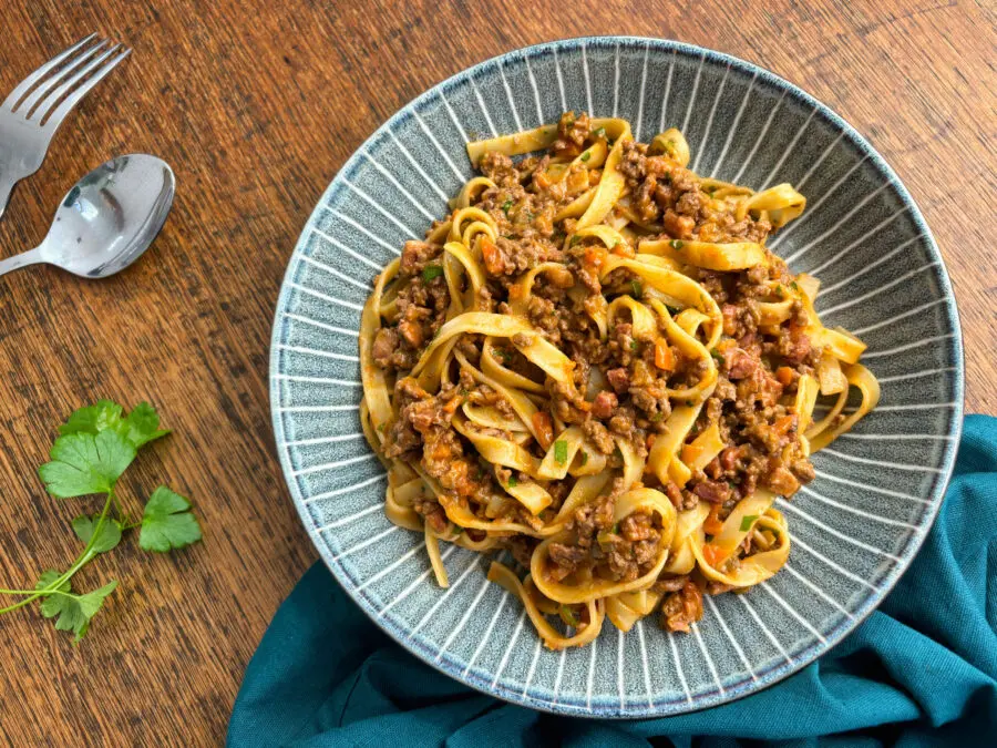 Authentic Italian Bolognese sauce served over fresh tagliatelle, following the traditional recipe from Bologna