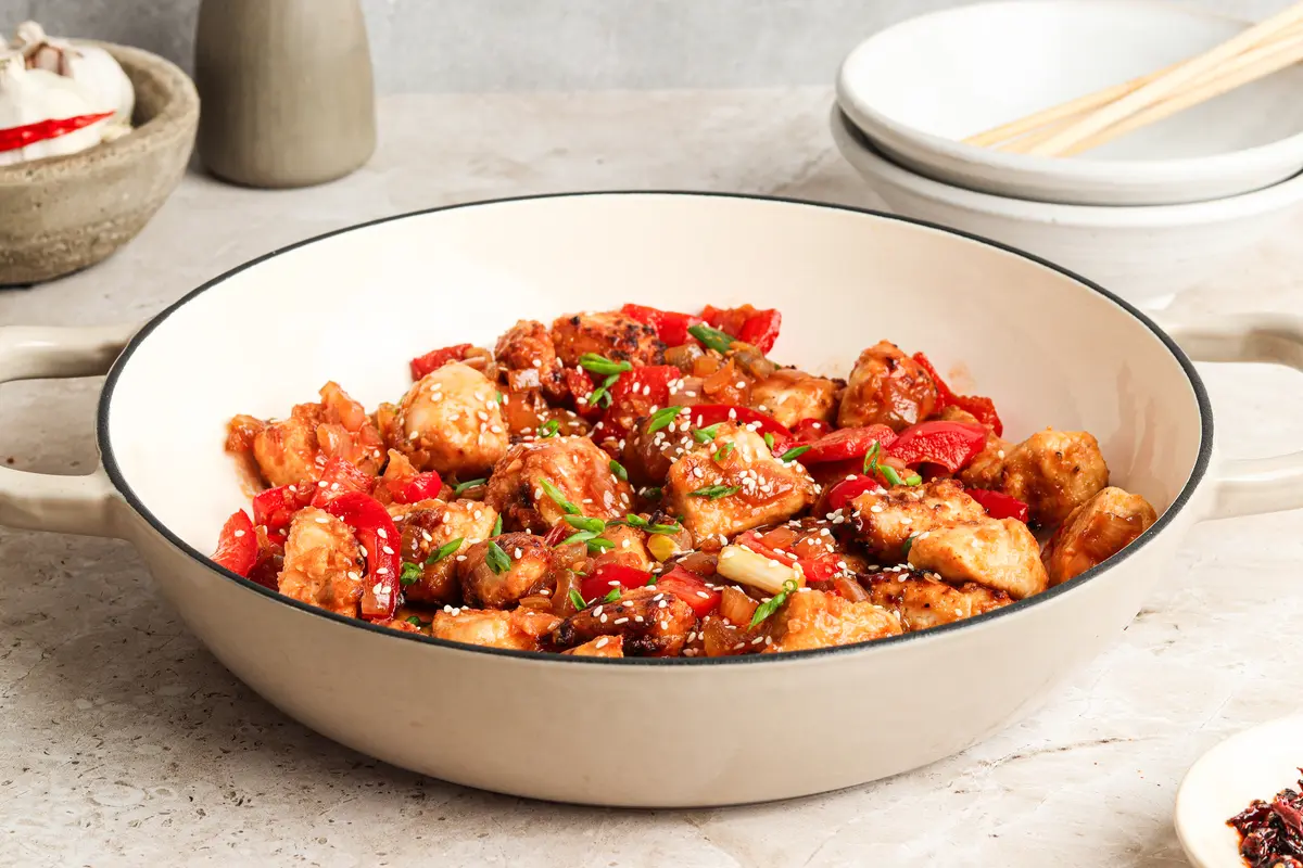 Sticky Manchurian chicken with glossy sauce, quick dinner recipe option