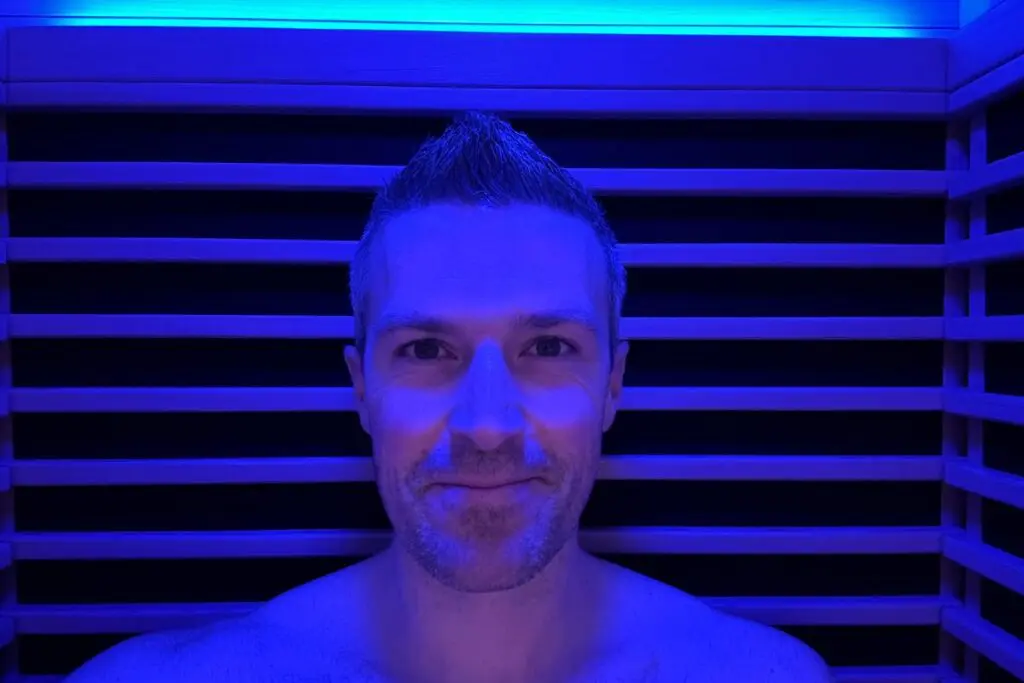 me sitting in my Polar Nova 1-Person Infrared Sauna