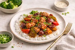 Plate of sweet and spicy Korean chicken served over fluffy white rice with peppers