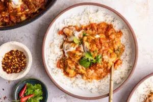 High-protein Chicken Karahi spooned over rice with thick tomato gravy and fresh herbs