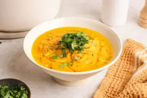 Bowl of high-protein carrot and coriander soup topped with shredded chicken and fresh coriander.