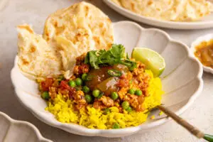 Close-up chicken keema bowl showing rich curry sauce and minced chicken texture