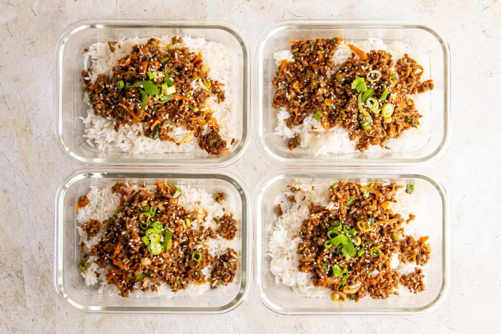 High-protein Korean beef meal prep bowls with rice and minced beef