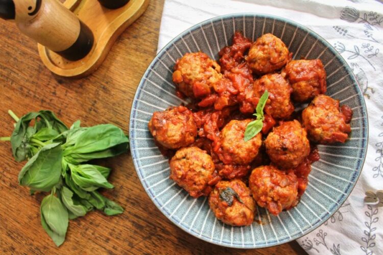 Air Fryer Pork Meatballs with Tomato & Basil Sauce